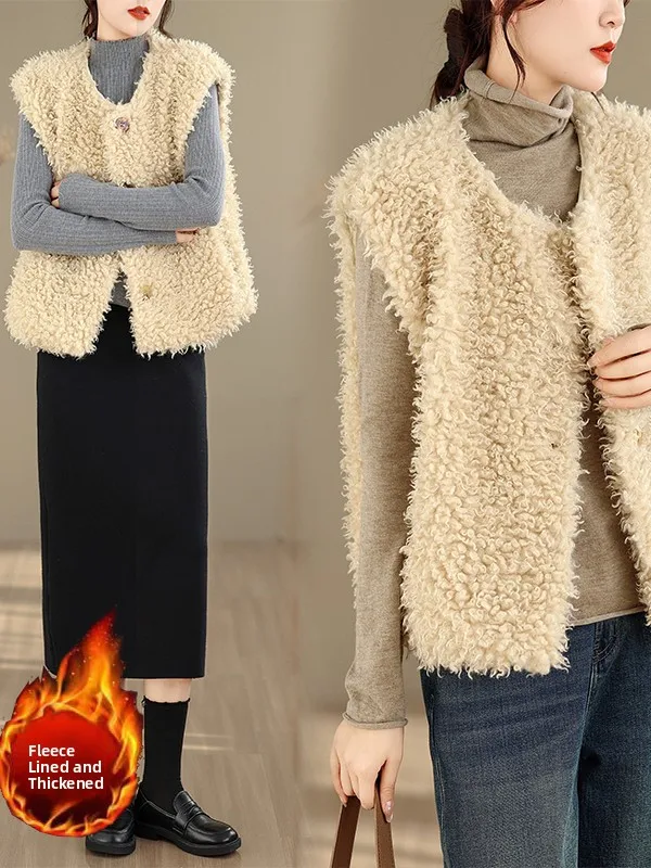 

Faionable Korean Sle plus Size Vest Women's Winter Jaet Artistic Loose Fit Decorative Cardigan Single Button Closure