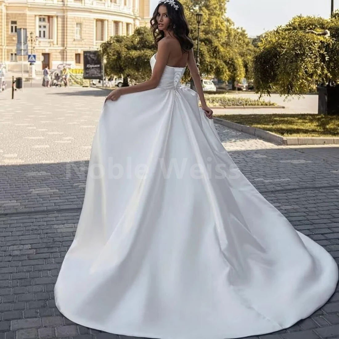 A-Line Sweep Train Wedding Dress Satin Pleat Brides Gown Customized