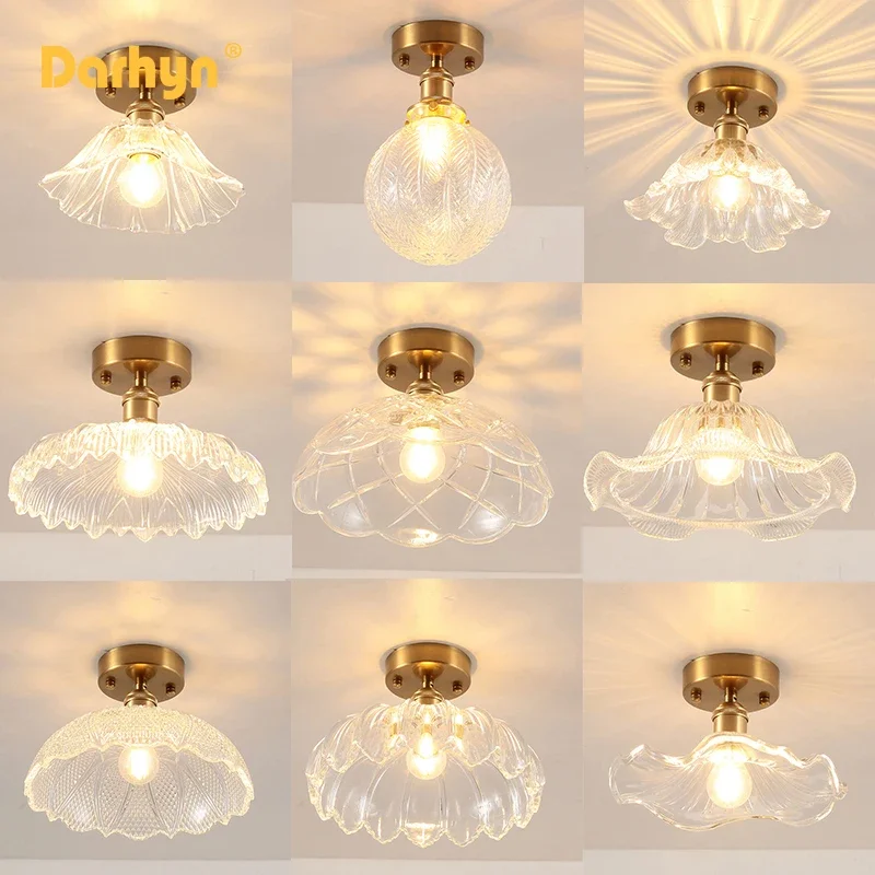 

Nordic Brass Glass Ceiling Light Retro Aisle Porch Light Homestay Corridor Balcony Creative Kitchen Home Decoration Fixtures