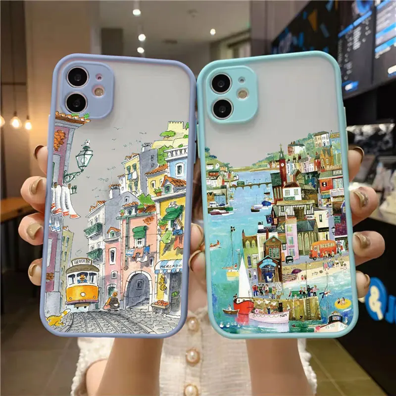 Cartoon Colourful Anime Painted House Scenery Phone Case For iPhone 16 15 14 13 12 11 Pro Max 7 8 Plus SE2020 X XR XS Back Cover