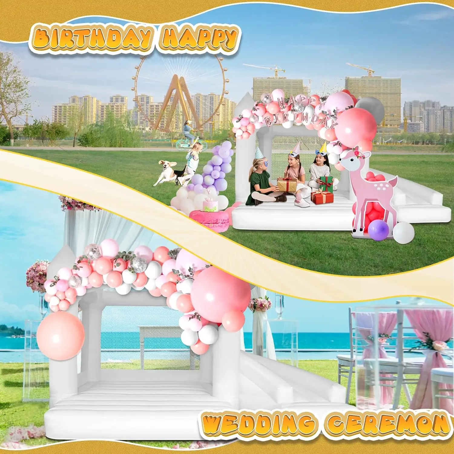 화이트 바운스 하우스 인플레이터블 점핑 캐슬 슬라이드 및 에어 블로워 포함 어린이용, 웨딩 및 생일 파티용, 17 * 11 * 10FT