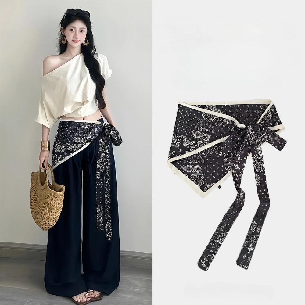 Aesthetic Multifunctional Silk Scarf Belt for Women Triangle Shawl Waistband for Jeans Skirts Layering Puff Wrap Skirt Accessory