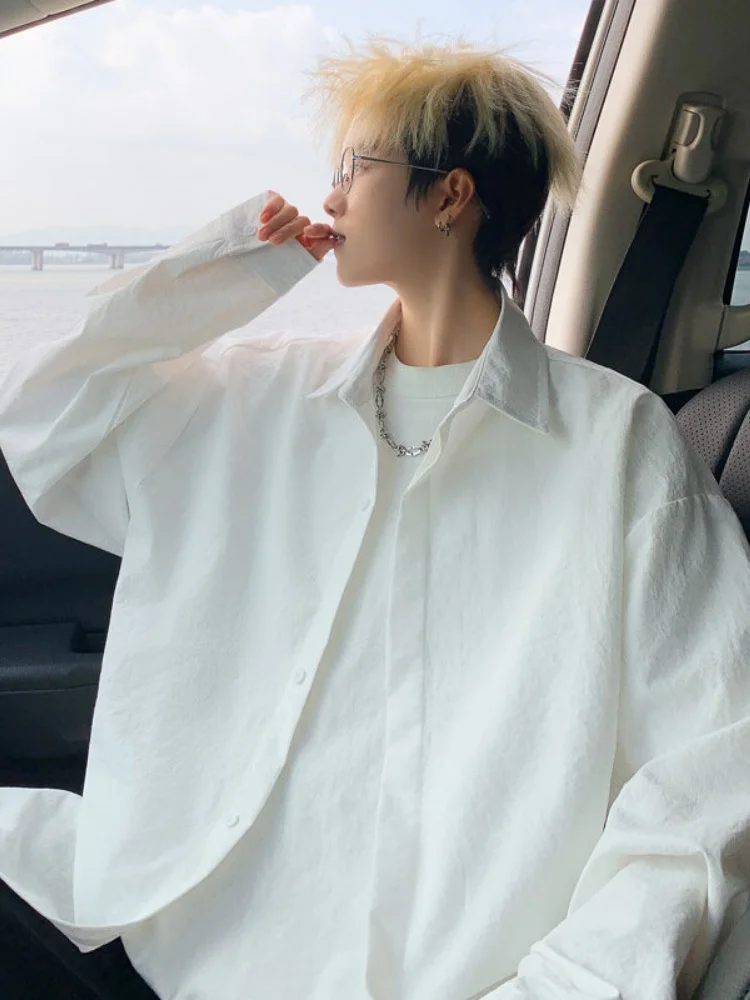 

White Long Sve irt for Men Casual Spring Autumn Sle Simple Youth Trendy Loose Fit Button down Premium Feeling Cool Guy...