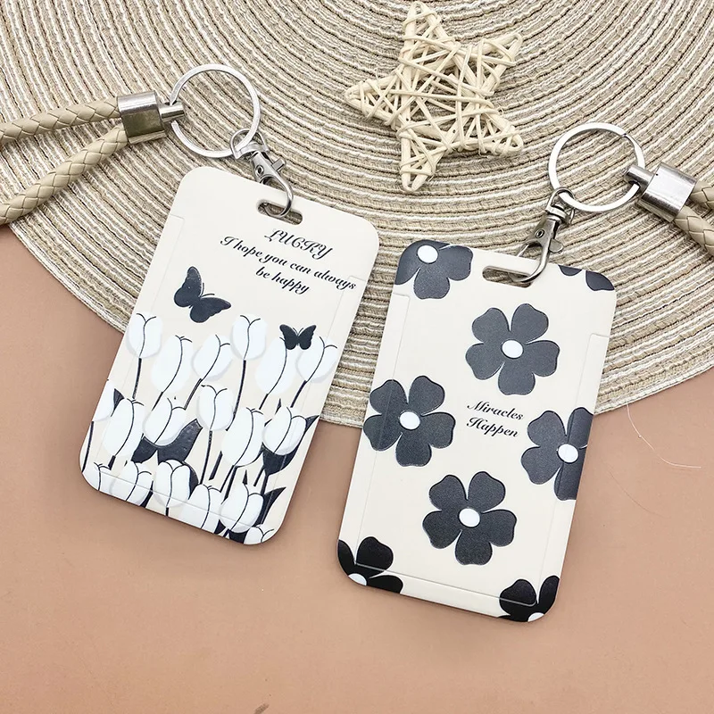 Simple Black And White Flower Card Cover Work Card Badge Campus Student Card Access Card ABS Plastic Lanyard Card Holder