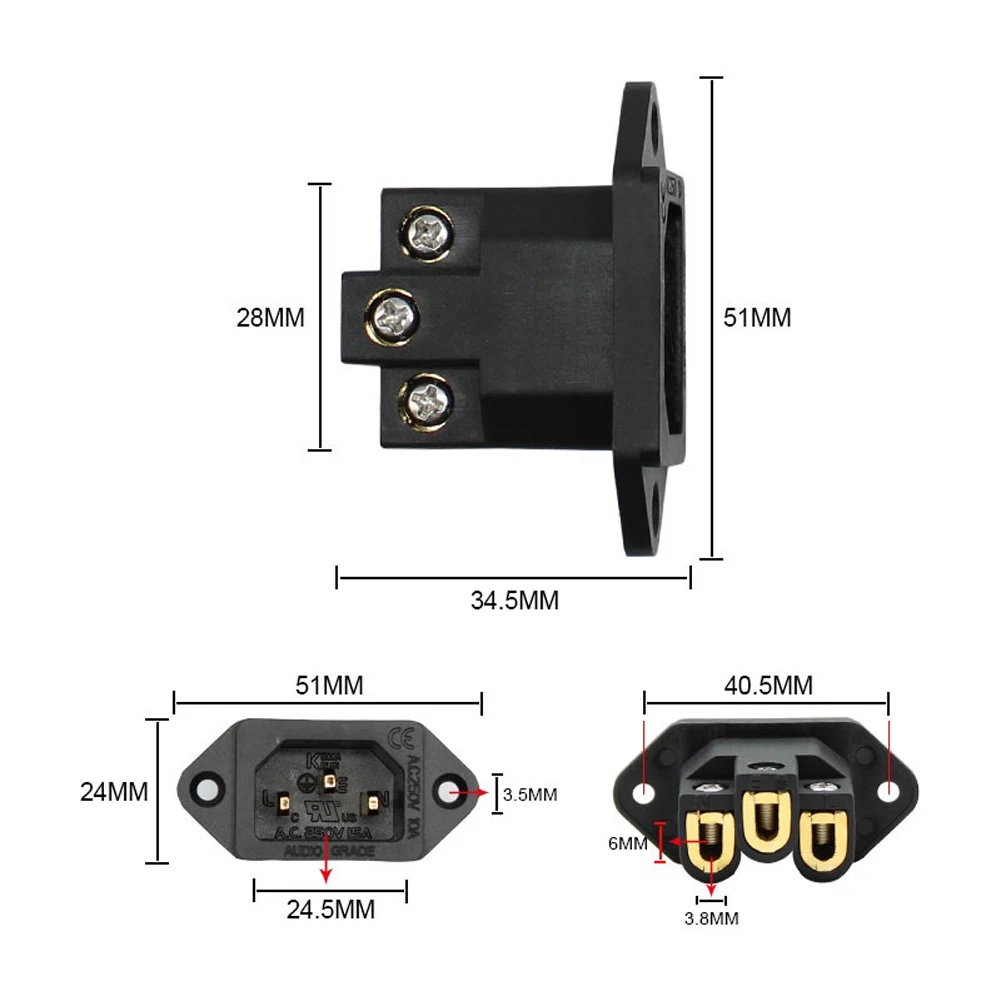 

1PCS AC250V 10A IEC Inlet 3 Pin Socket Solderless HiFi Fever Audio Amplifier Power Socket Connector AC Socket