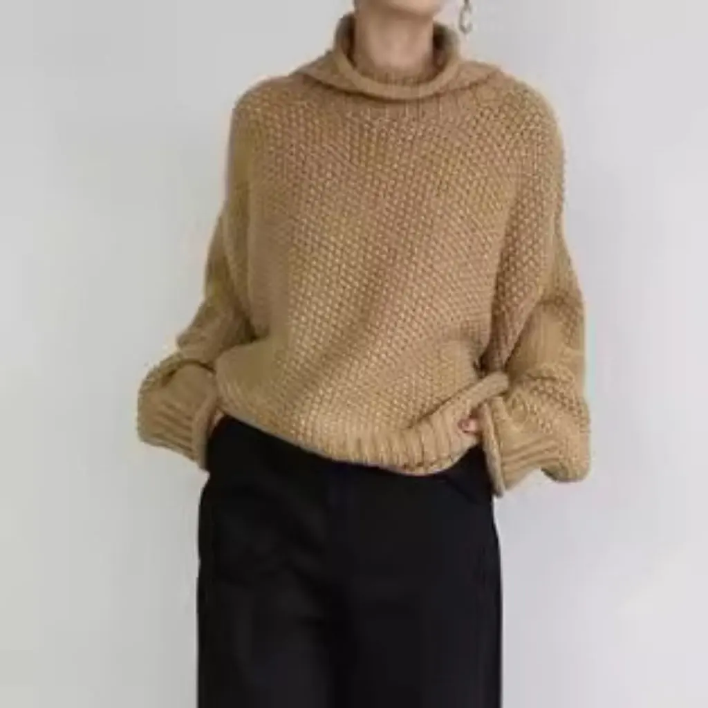 

Women's Elegant High Neck Sweater Autumn Winter Fashion Pleated Thickened Line Design Loose Roll Japanese Style