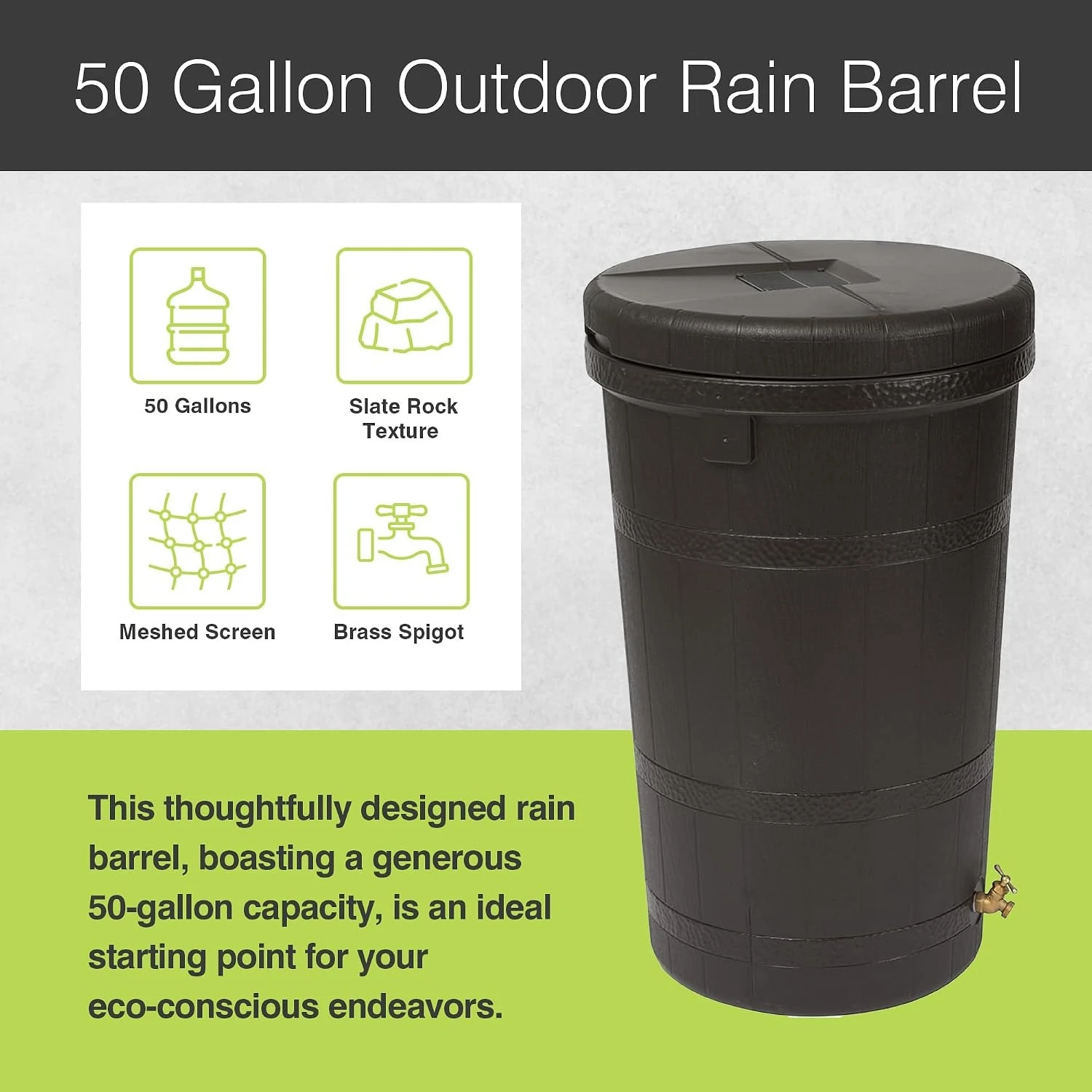 Oak‑Brown 50 Gallon Aspen‑Style Rain‑Wizard Rain‑Water Collection Barrel, Decorative Outdoor Rain‑Harvesting Storage Container for Backyard, Patio & Garden Irrigation