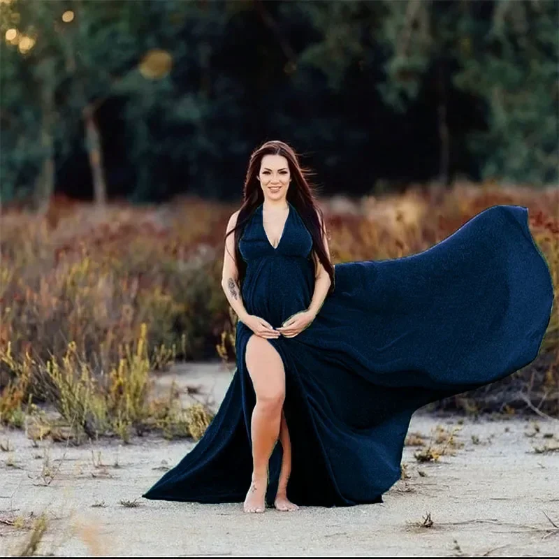 임신 옷 임신 사진 트레일링 롱 스커트 출산 사진 소품 브이 넥 롱 드레스 새로운 임신 사진 촬영