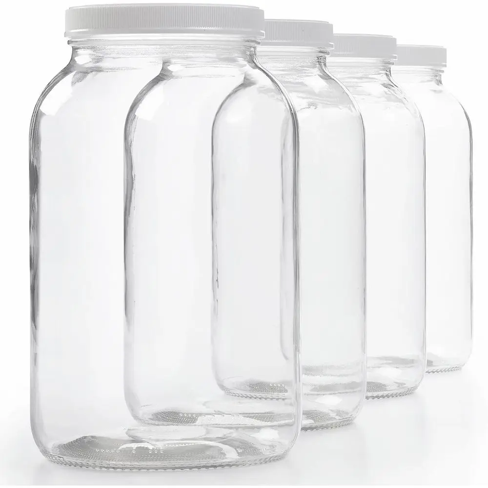 

Wide Mouth 1 Gallon Glass Jars with Lids - Gallon Mason Jars or Kombucha & Sun Tea - 4pk Large Storage Jars with Airtight Lids