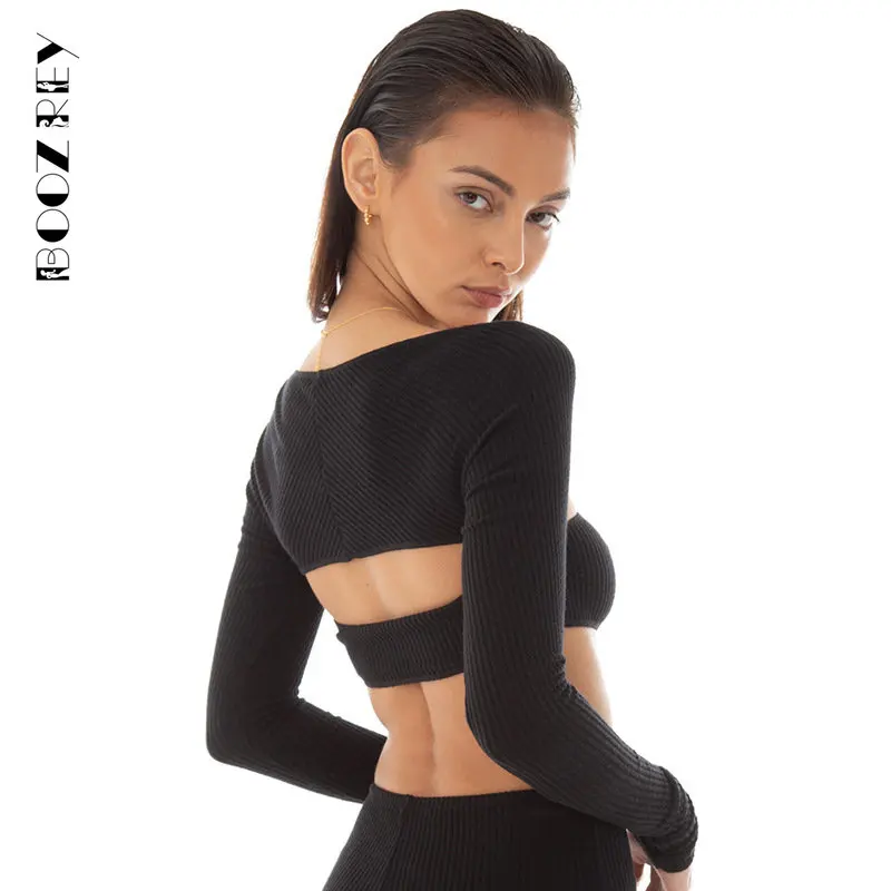 BoozRey Chest Wrap Back Cutout Solid T-Shirt Women Fashion Long Sleeves Square Collar Slim Crop Top Cool Girls Streetwear Tops