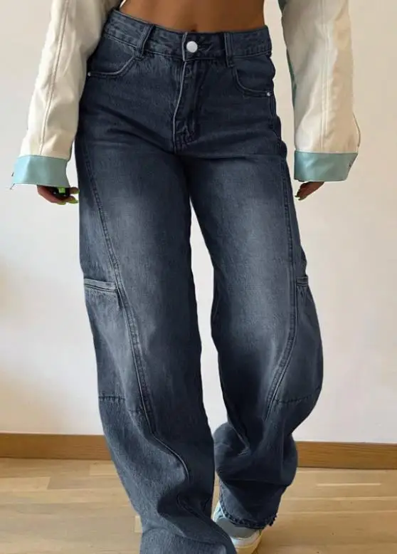 

Autumn New Washed Vintage Classic Style with Large Pocket Design and Patchwork Lines Jeans for Women's Versatile Casual Jeans