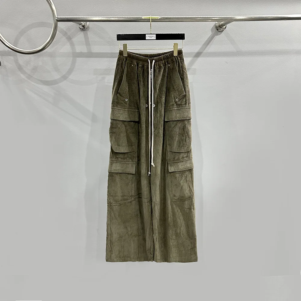 Rick Wide Leg Pants Streetwear Corduroy Owens Overalls Green Large Pocket Slacks High Street Elasticated Trouser RO Clothing