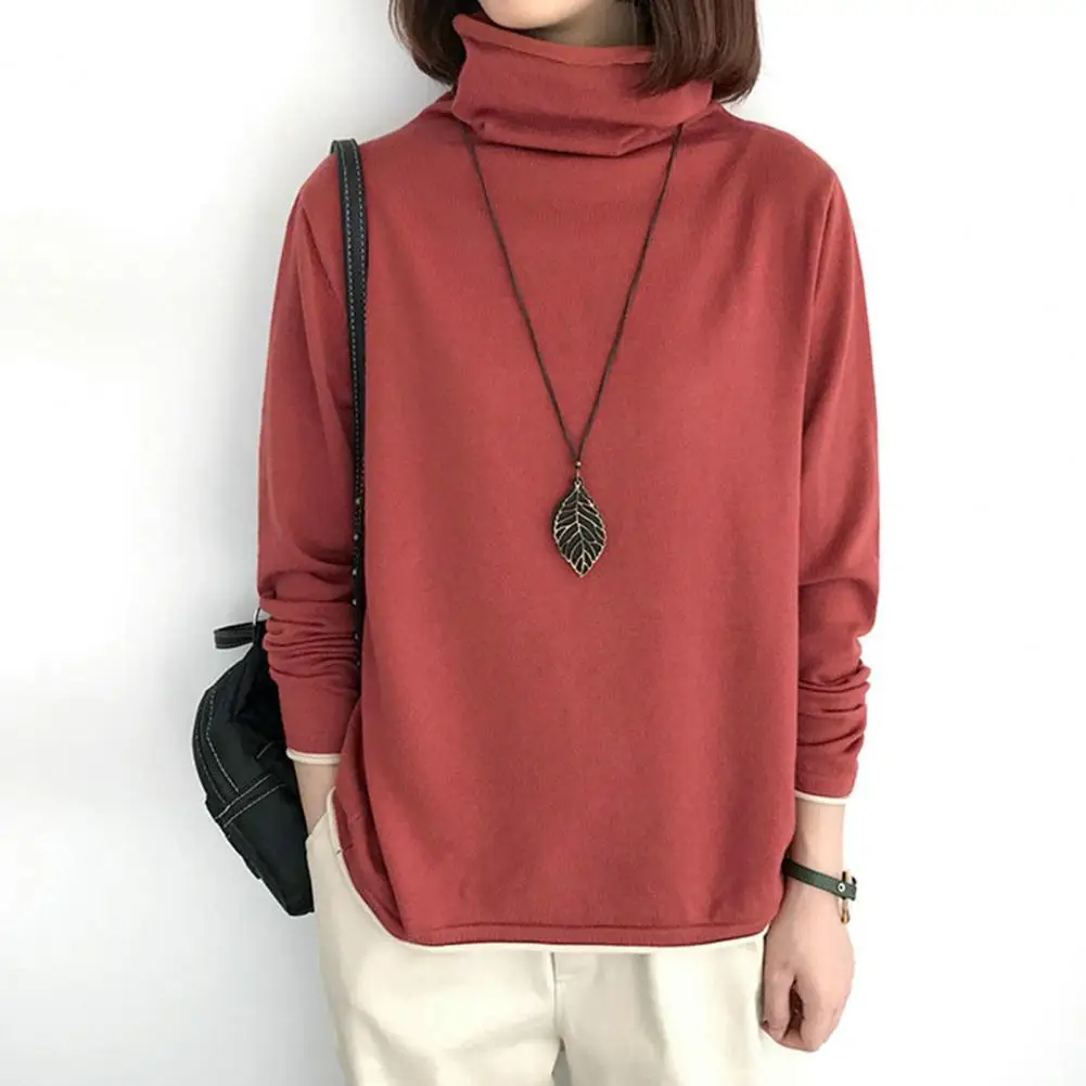 Women Top Stylish Pile Collar Solid Color T-shirts Soft Comfortable Long Sleeve Pullover for Autumn Winter