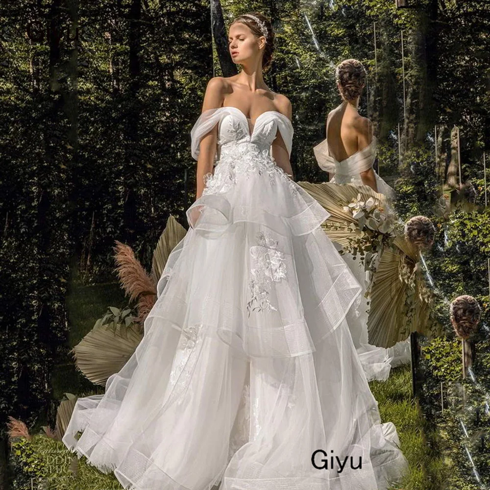 Giyu Fairy Lace Followers Wedding Dress For Woman Sweetheart Collar Draped Floor-length Vestidos Novias Boda Bridal Gown