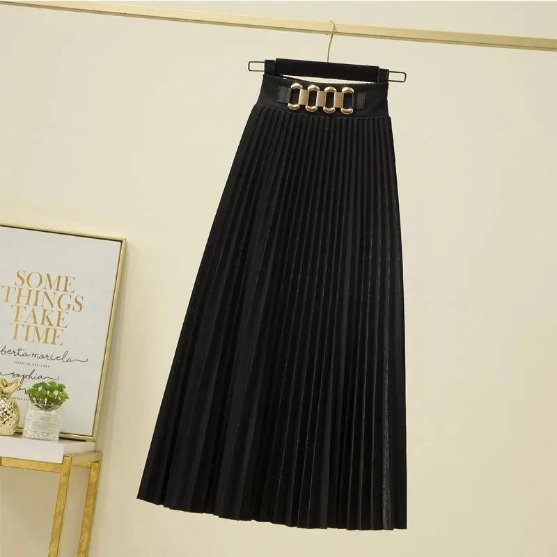 

Autumn Winter New 2023 Black Coffee Pleated Skirts Womens High Waist All-match Umbrella Chic Female Elegant Long Skirts Faldas