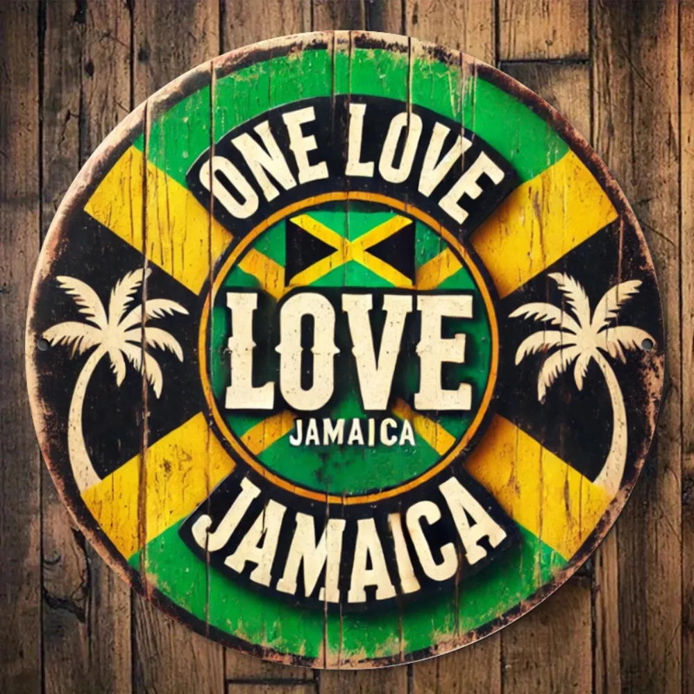 Vintage Jamaica Love Tin Sign Rustic Green & Yellow 