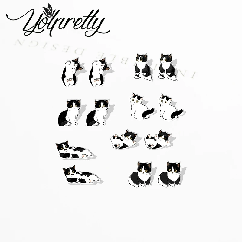 2023 Cartoon Black and White Cats Acrylic Stud Earrings Resin Epoxy Ear Fashion Jewelry Earrings for Women Girls