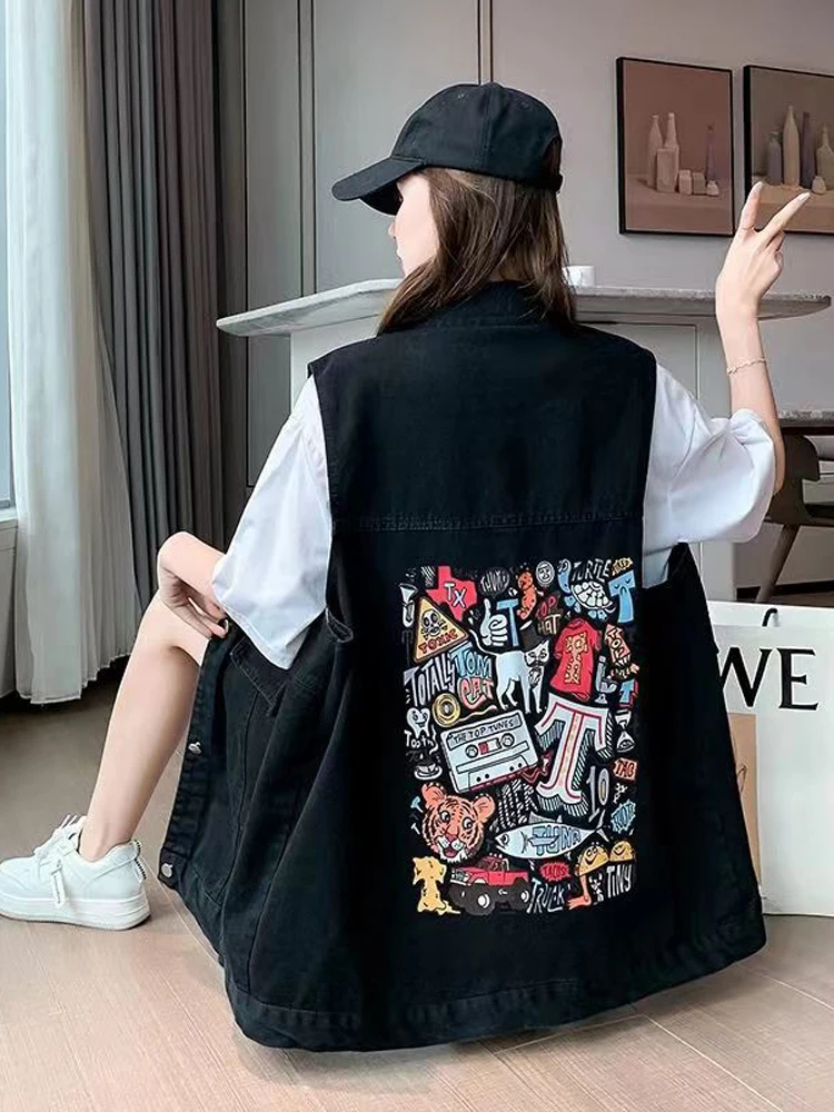

Slim Fit Denim Vest Women's Loose 2025 New Faion Korean Ba Cartoon Print Vest Jaet Outerwear Trendy Collar Single ...