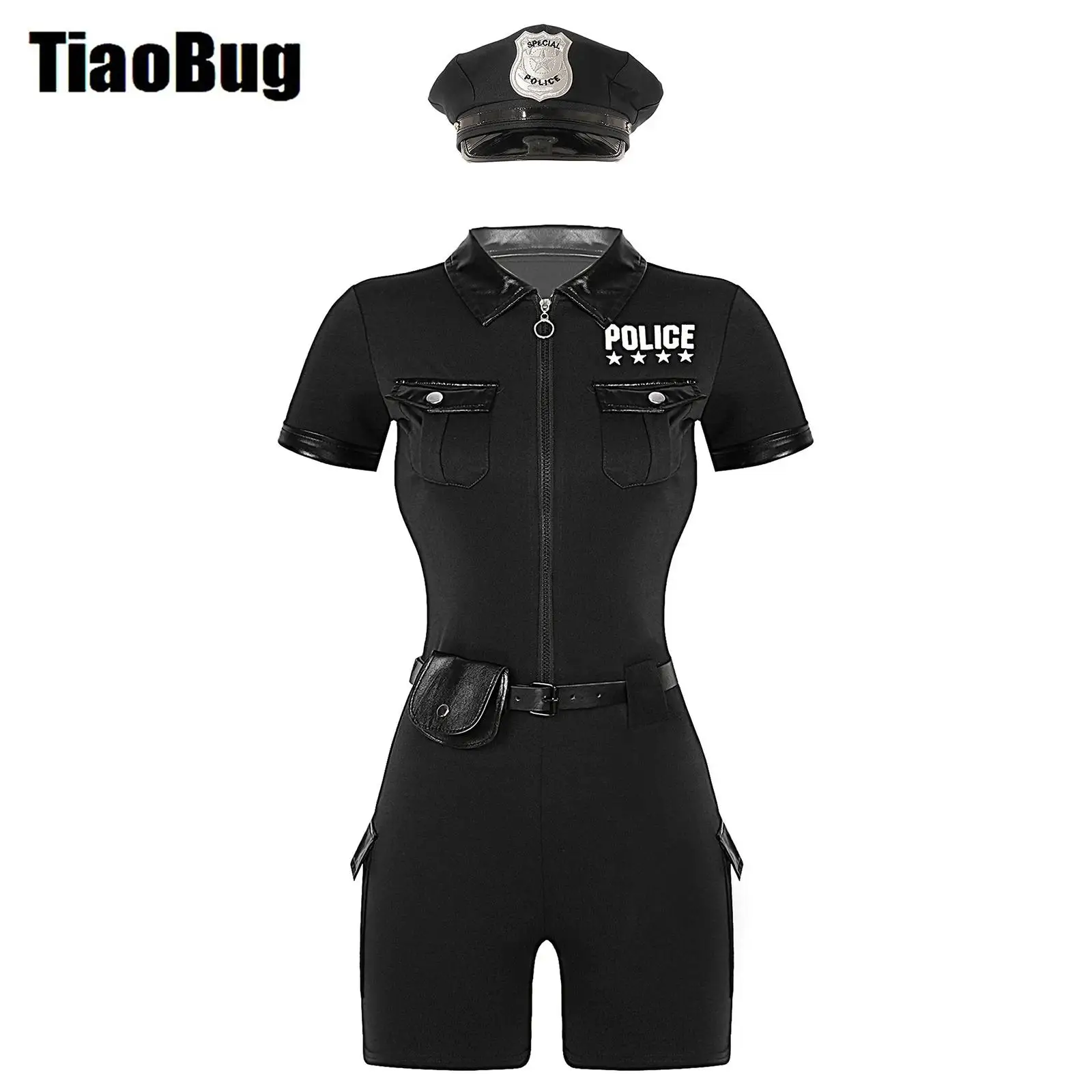 

Women Policewoman Role Play Jumpsuit Set Zipper Short Sleeve Jumpsuit with Belt Purse Hat Lingerie Uniform