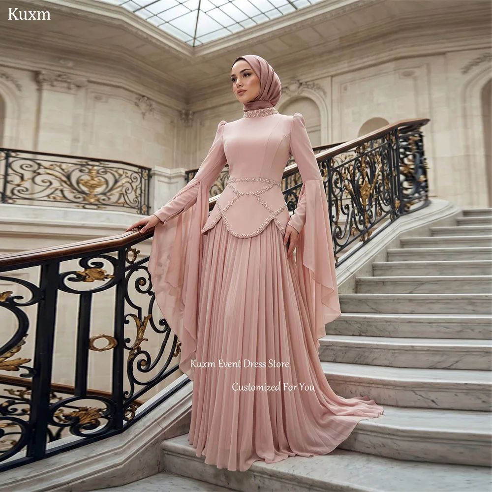 

Kuxm Pink A Line Women's Evening Dress High Neck Chiffon Abendkleider Dubai Graceful Long Sleeve Robes De Soirée Customized