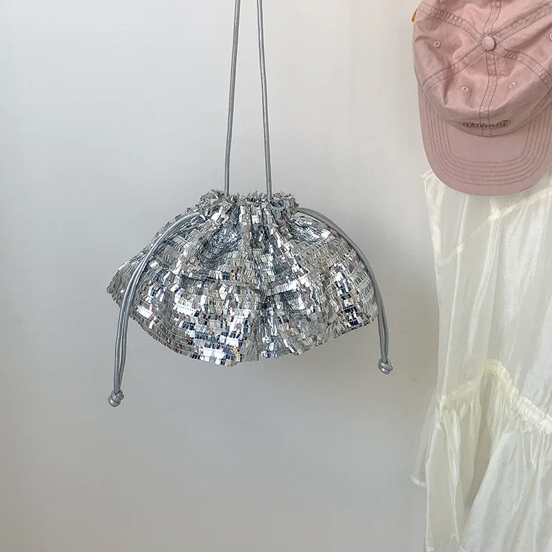 Fashion Sequin Bag Women Korean Designer Square Tote Shoulder Bag Silver Bag Summer New Blingbling Crossbody Bag
