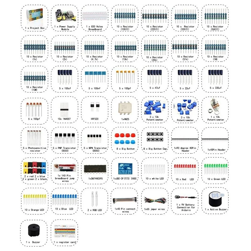 전자 기본 구성 요소 스타터 키트, 140 빵 라인 박스 포함