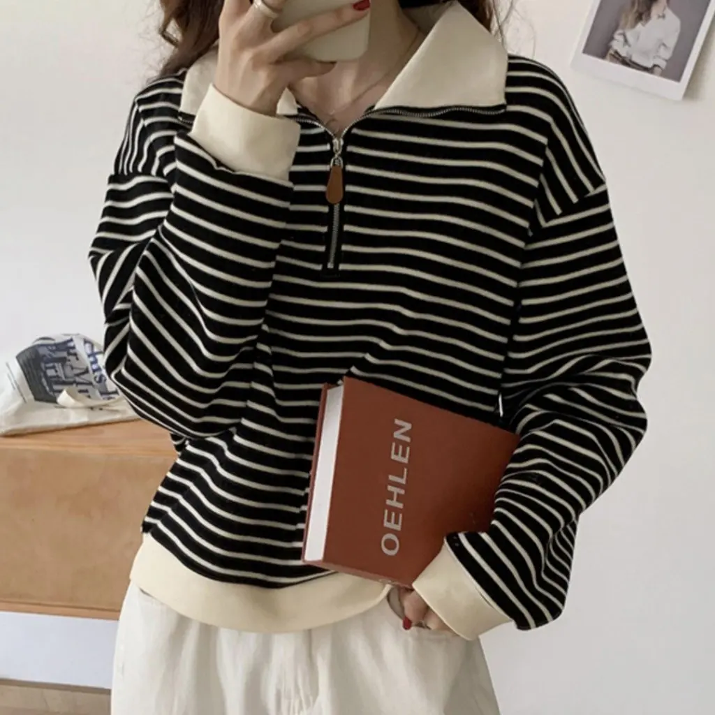 

Women's Striped Polo Collar Half Zipper Long Sleeve Lapel Sweater American Style Retro Casual Loose Top for Spring Autumn