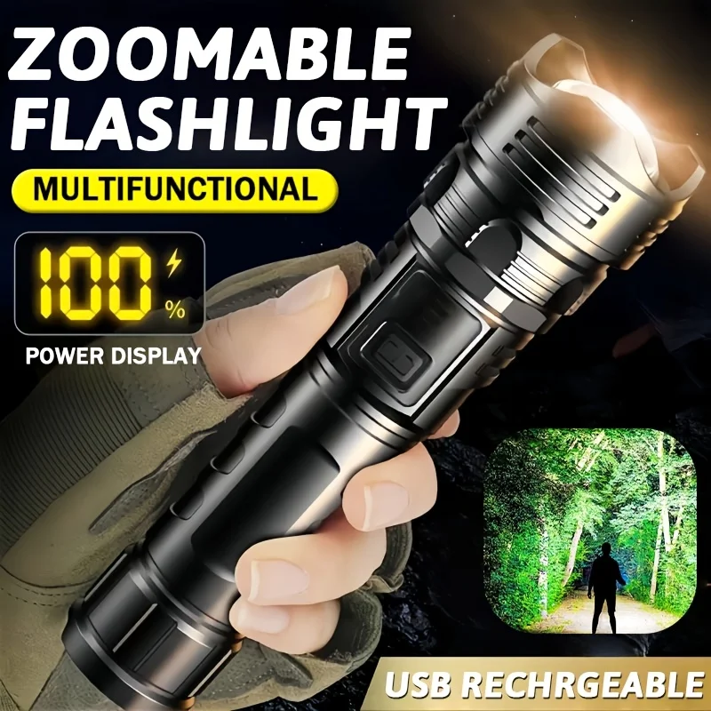 

High-power Led Flashlight USB Rechargeable Torch with Display Zoomable Light with Battery Camping Hiking Lantern Emergency Lamp