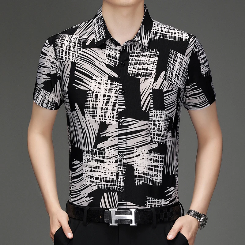 

Fashion Silky Digital Print Shirts For Men Short Sleeved Easy Care Summer Quality Soft Comfortable Regular Fit Camisas De Hombre