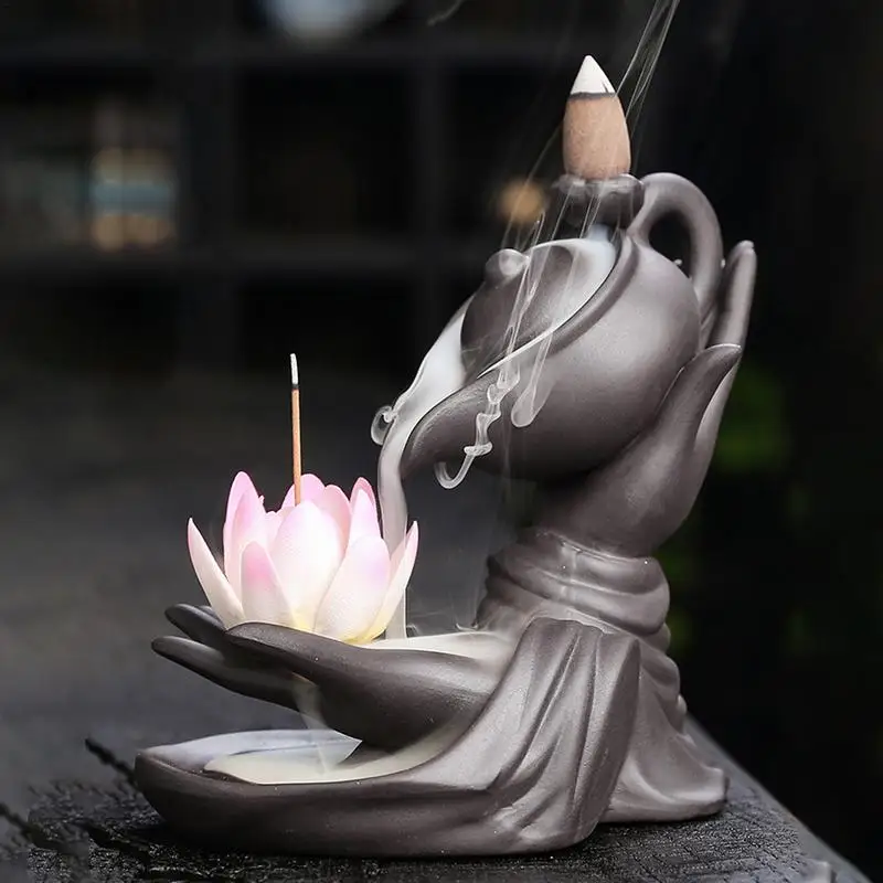 Lotus Buddha Hand Incense Burner Incense Charcoal Burner Lucky Church Bowl Charcoal Metal Vintage Decor Ceramic Elegant Desktop