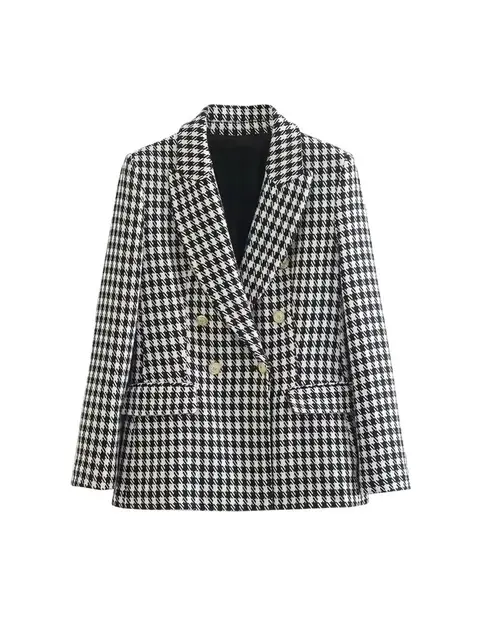 Damska moda Dwurzędowa marynarka w pepitkę Vintage Długi rękaw Kieszenie z klapami Odzież wierzchnia dla kobiet Eleganckie vesty