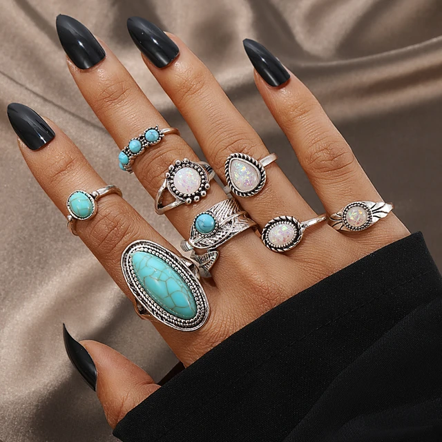 IPARAM Vintage Silver Color Rings for Women Elliptical Imitation Turquoise Leaf Finger Ring Bohemian Fashion Jewelry Trendy Gift AliExpress