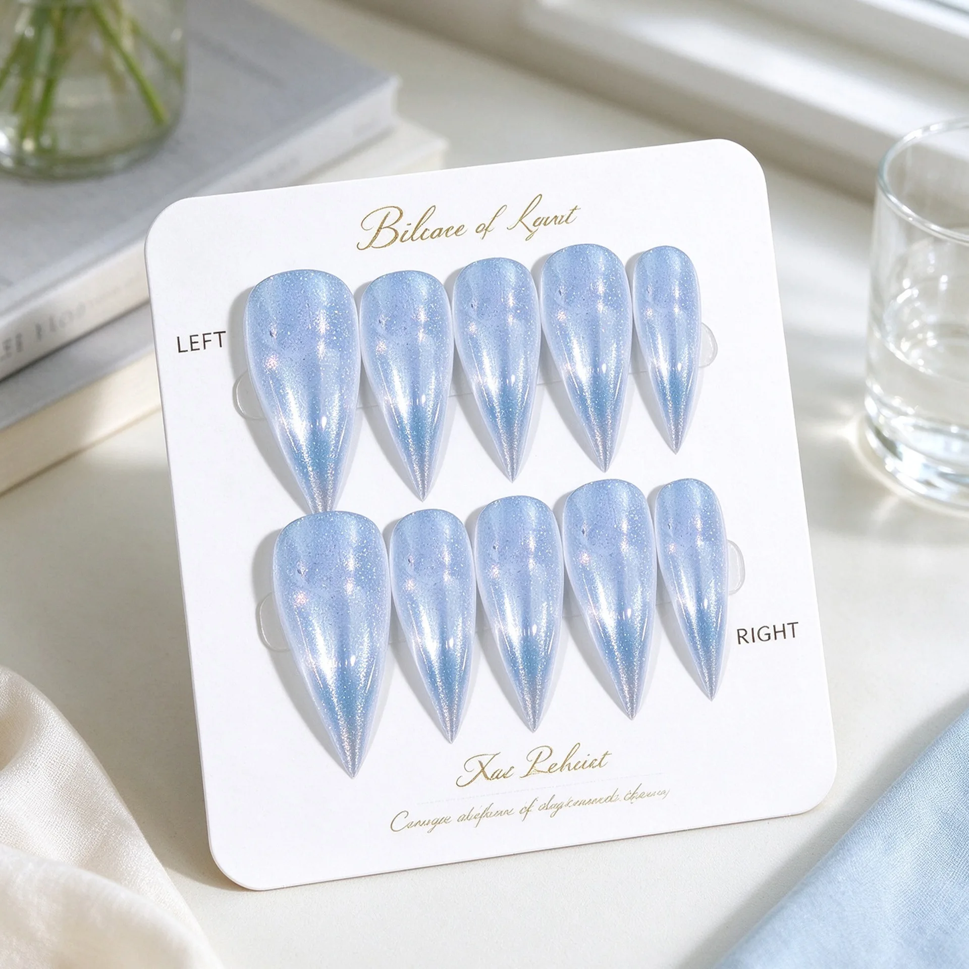 30Pcs Long Point Dragon Claw Press on Nails Ice-Transparent Light Blue Flash Cat's Eye Fake Nail New False Nail for Women&Girl
