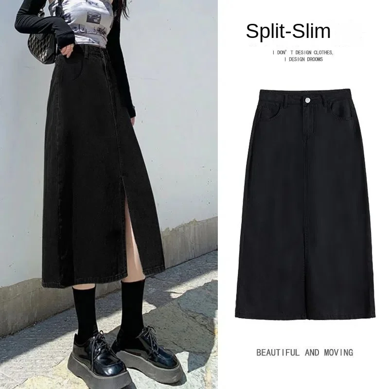 

Американская ретро-юбка из денима с эффектом потертости, с высокой талией, утягивающая, с разрезом, средней длины, женская модная джинсовая юбка