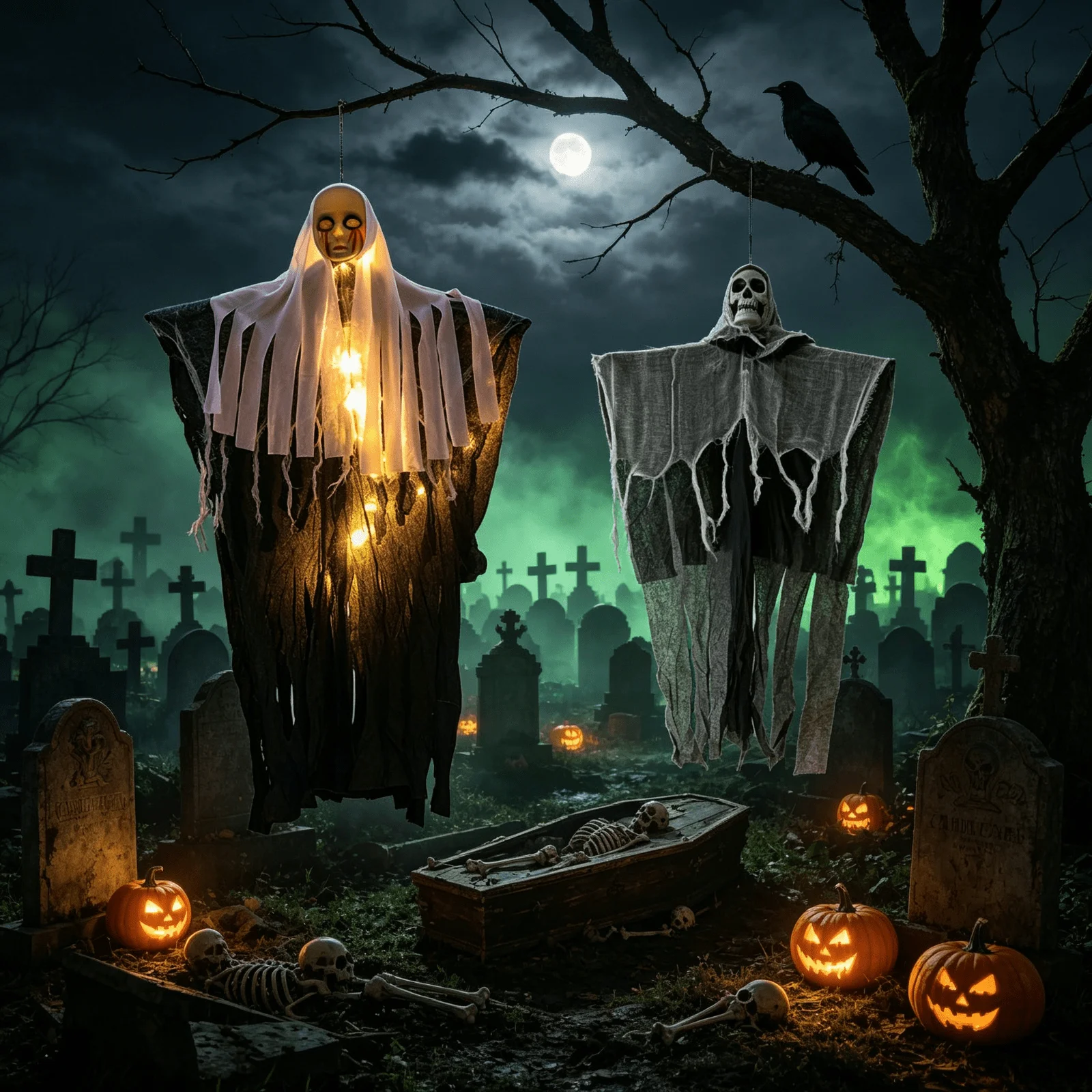 Halloween LED-Hängegeister-Skelett-Dekorationen, leuchtende Sensenmann-Schädel-Ornamente, gruselige fliegende Geisterlichter für Zuhause – Detail 1