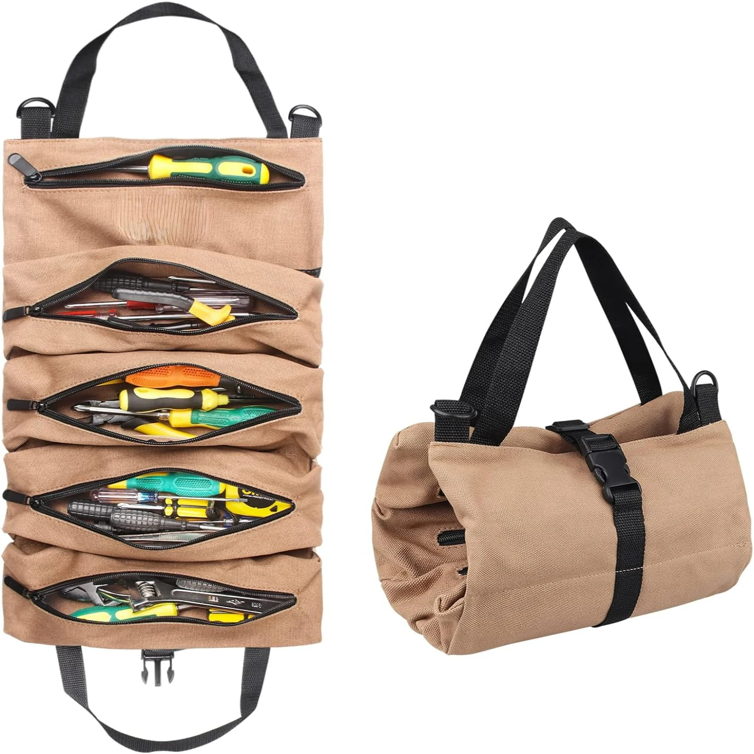 

Convenient and Reliable Tan Canvas Tool Roll up Bag with 5 Zippered Tool Pockets - Durable Rolling Wrench Organizer for Electric