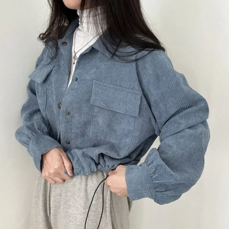 TPJB New Vintage Cropped Corduroy Blouses Women Casual Oversized Korean Fashion Chic Elegant Shirts Female Streetwear Button Up