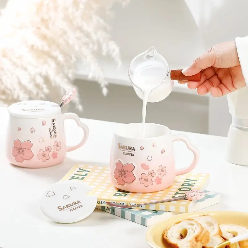 

Ceramic Mug with Lid Spoon Mark Cup High Temperature Resistance 400ml Water Bottle Material Cherry Blossom Pattern Cute Cup