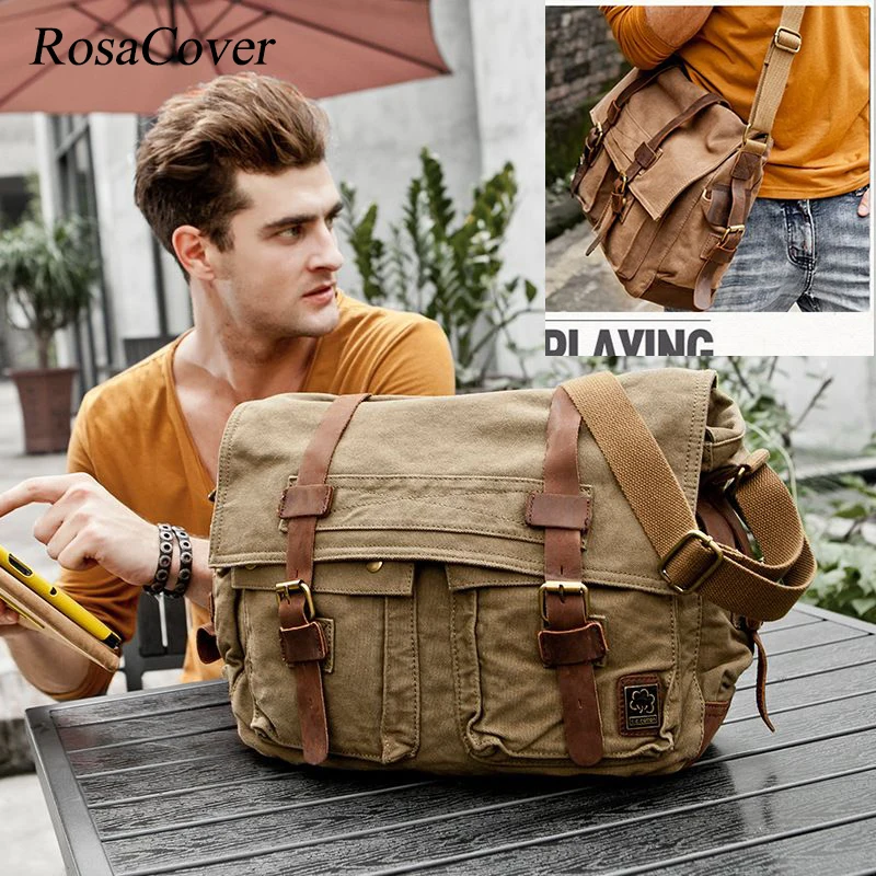 2023 Fashion Vintage Leather Canvas Women's Men's Messenger Bag Cotton Canvas Crossbody Bag Men Shoulder Bag Sling Casual Bag