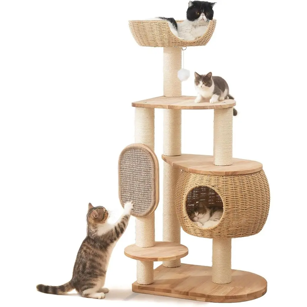 

Современная кошачья стойка-дерево с лежанками-тыквами и корзинами из плетеного материала, с сизалевым ковриком