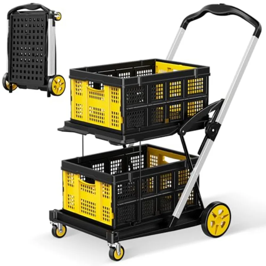 

8-in-1 200LBS Collapsible Shopping Cart Multi Functional Utility Cart with 2 Storage Crate Adjustable Handle Grocery Cart on Wh