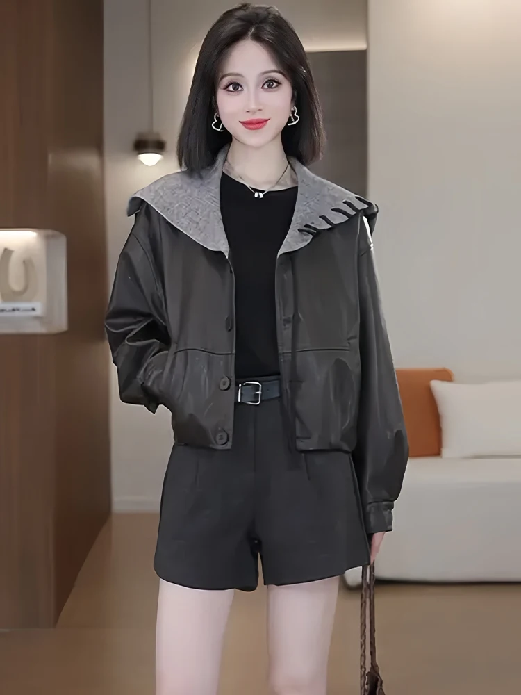 Casual Loose Fit ort Navy Kragen Jaet Damen Faion Künstlerische Sle Leder irt Herbst Neue Ankunft Ele Feel Top