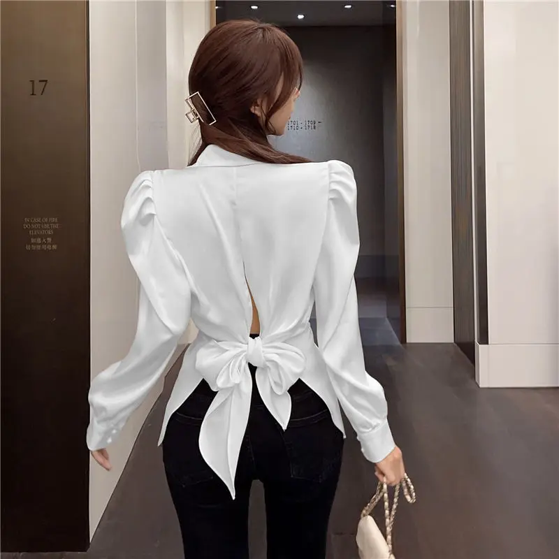 Frauen zurück Bogen elegante Puff ärmel Hemd Mode schlanke Büro Dame lässige Bluse koreanische Aushöhlung drehen Kragen Tops