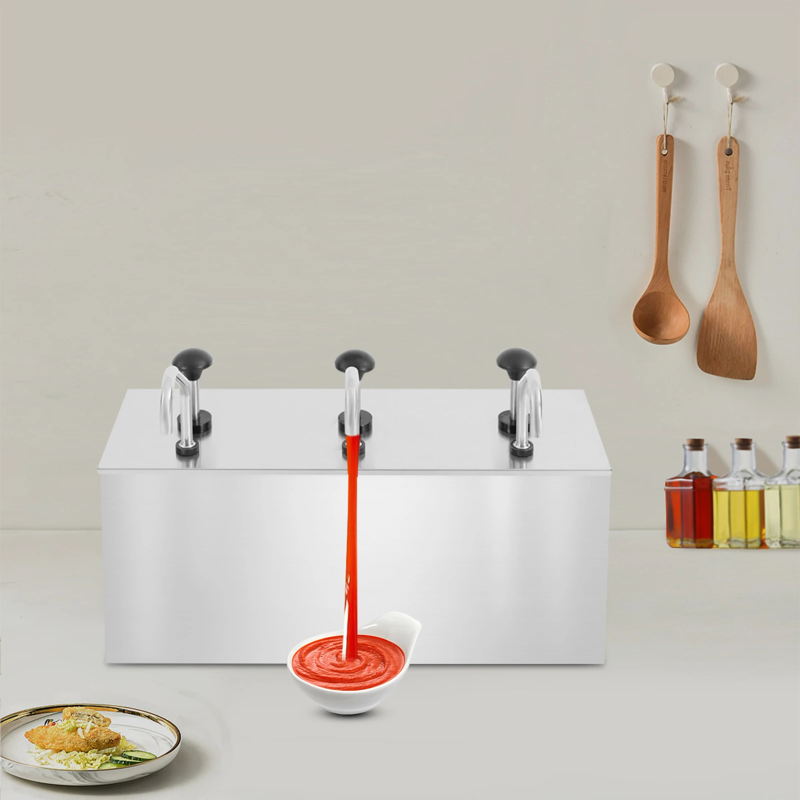 Rechteckiger Tischspender aus Edelstahl mit 3 Pumpköpfen für Sojasoße, 3x4L, für Küche, dünne Soßen und Gewürze – Detail 5