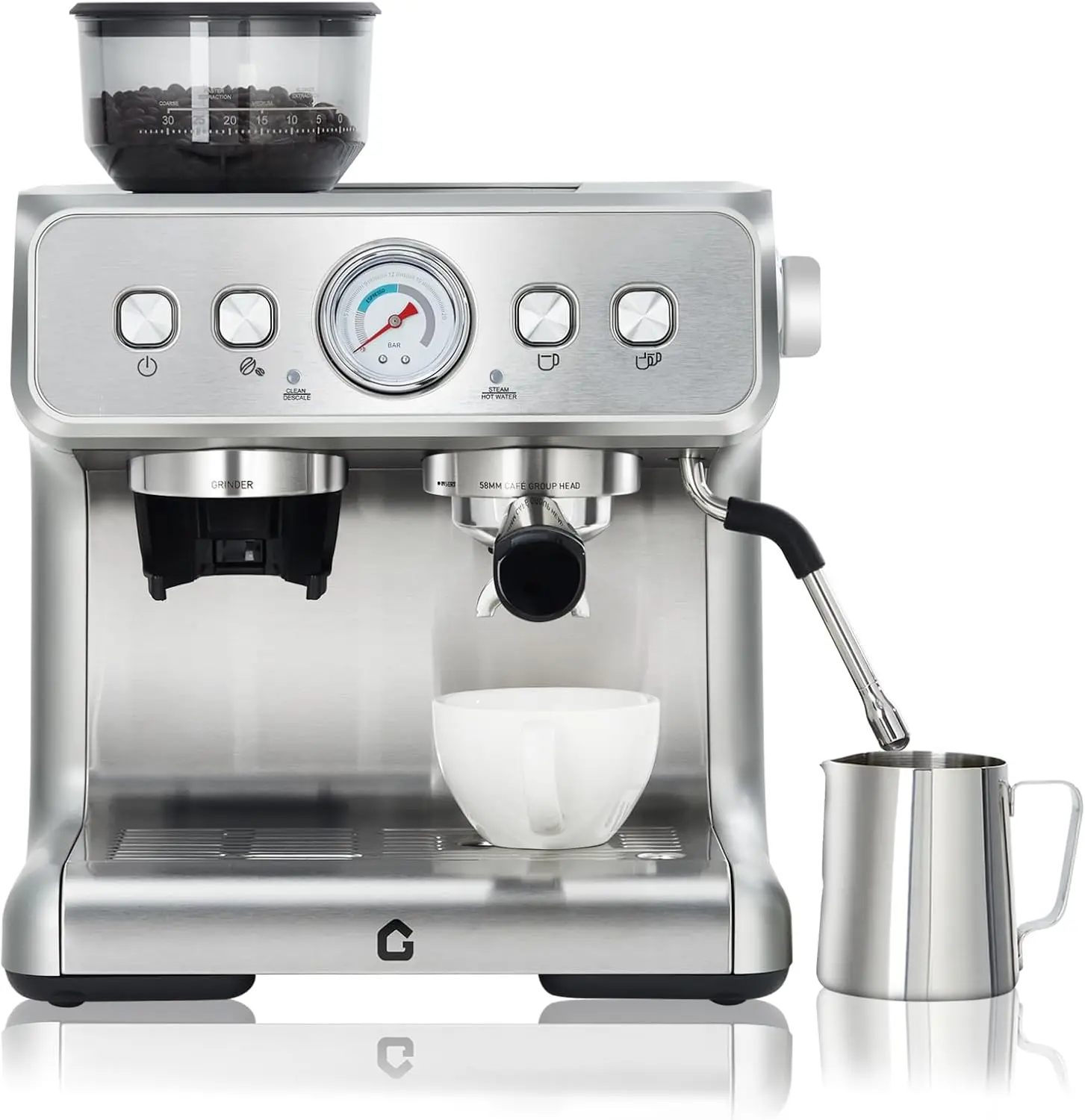 Macchina per Espresso Semiautomatica in Acciaio Inox, 15 Bar con Macinacaffè Integrato e Montalatte, Serbatoio Rimovibile da 1,2L, 30 Impostazioni di Macinatura per Uso in Bar, Casa e Ufficio