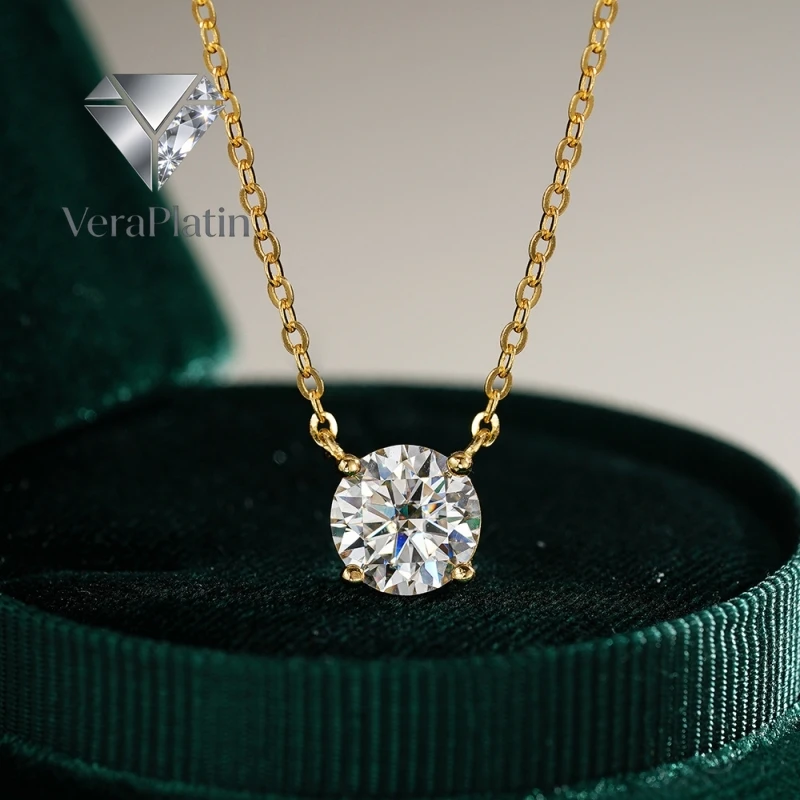 

VeraPlatin Women Valentine's Day White 18K Gold Daughter Birthday Necklaces 0.5/1/2CT Moissanite Pendant Girl Wedding PT950 Chri