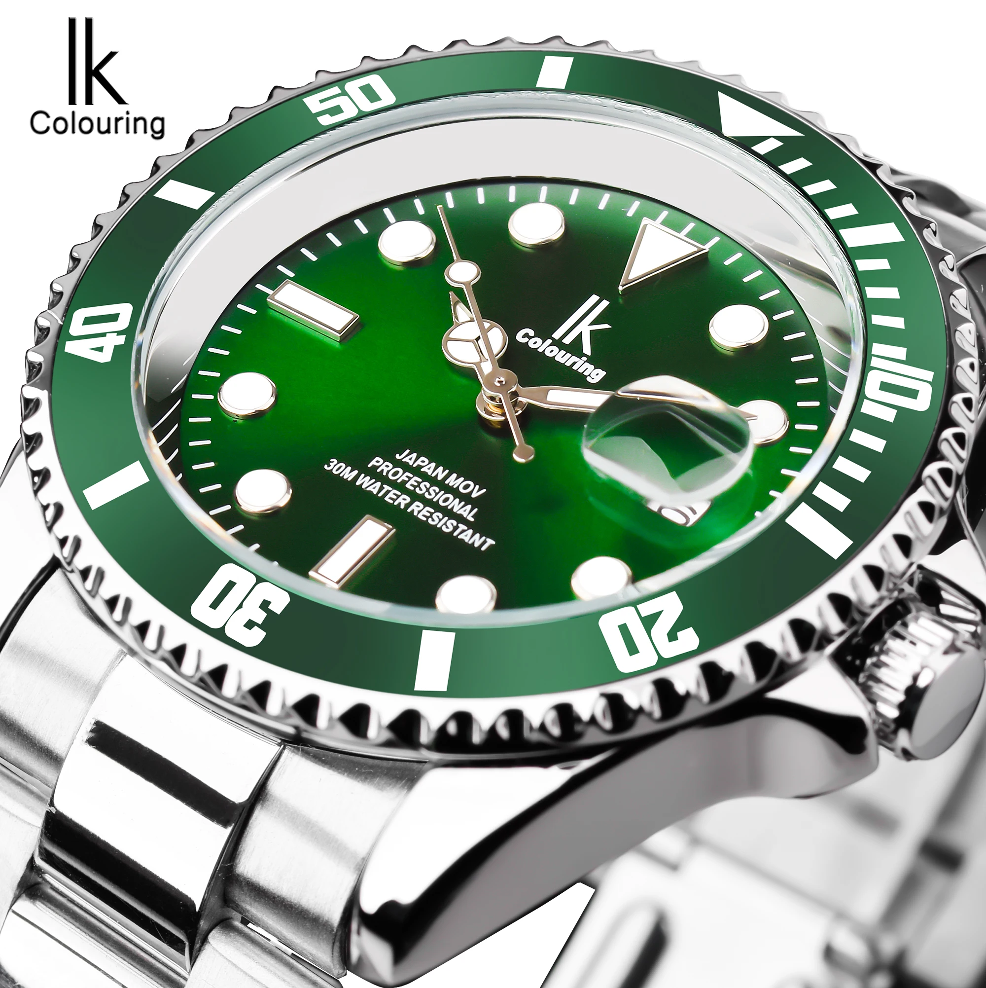 IK Coloring 2025 Luxury Brand Luminous Waterproof Green Bezel Calendar Stainless Steel Mens Japan Quartz Watches Top Brand Clock