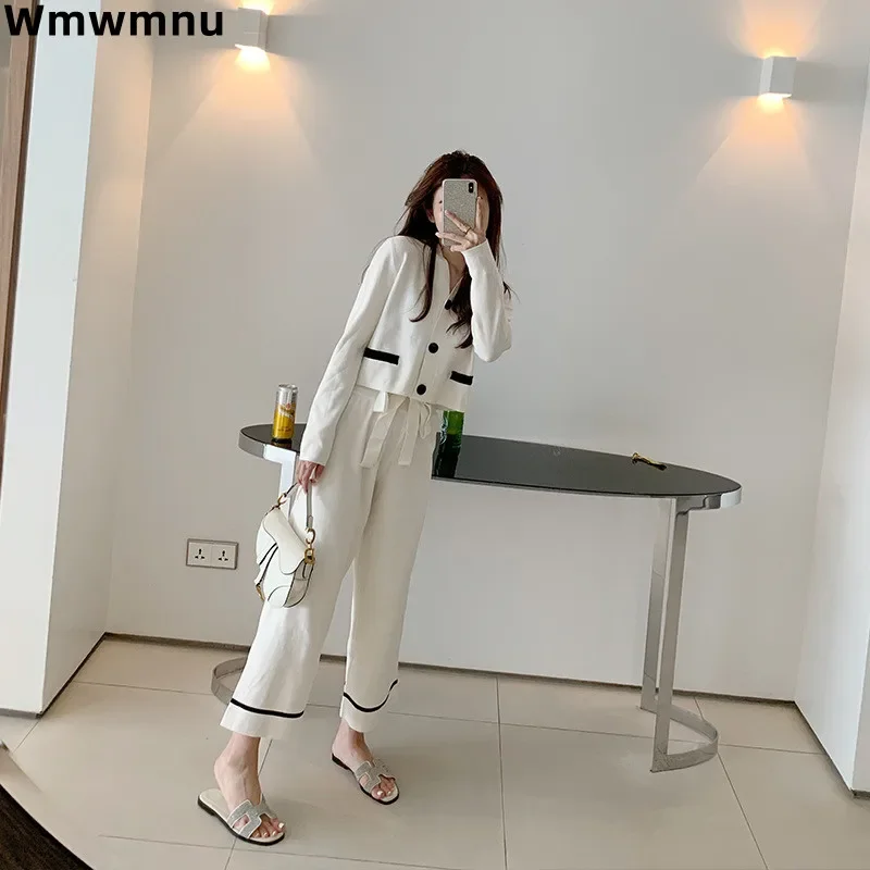Elegante gestrickte Damen-Sets, 2-teilig, hohe Taille, weites Bein, knöchellang, Hosenanzug, Korea, V-Ausschnitt, Strickjacke, Mäntel, Tops, Outfit