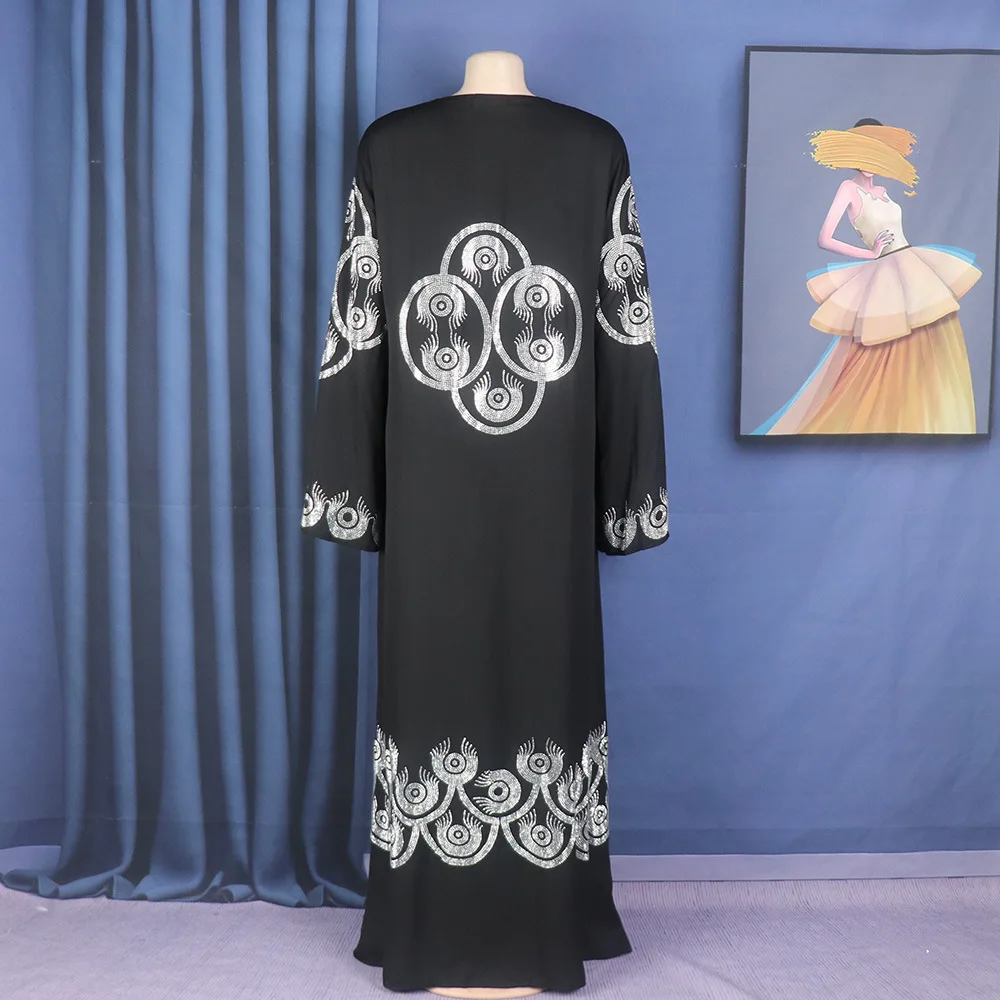 African ethnic style plus size dress, Middle Eastern Muslim style long robe, fashionable V-neck, front and rear rhinestone flare