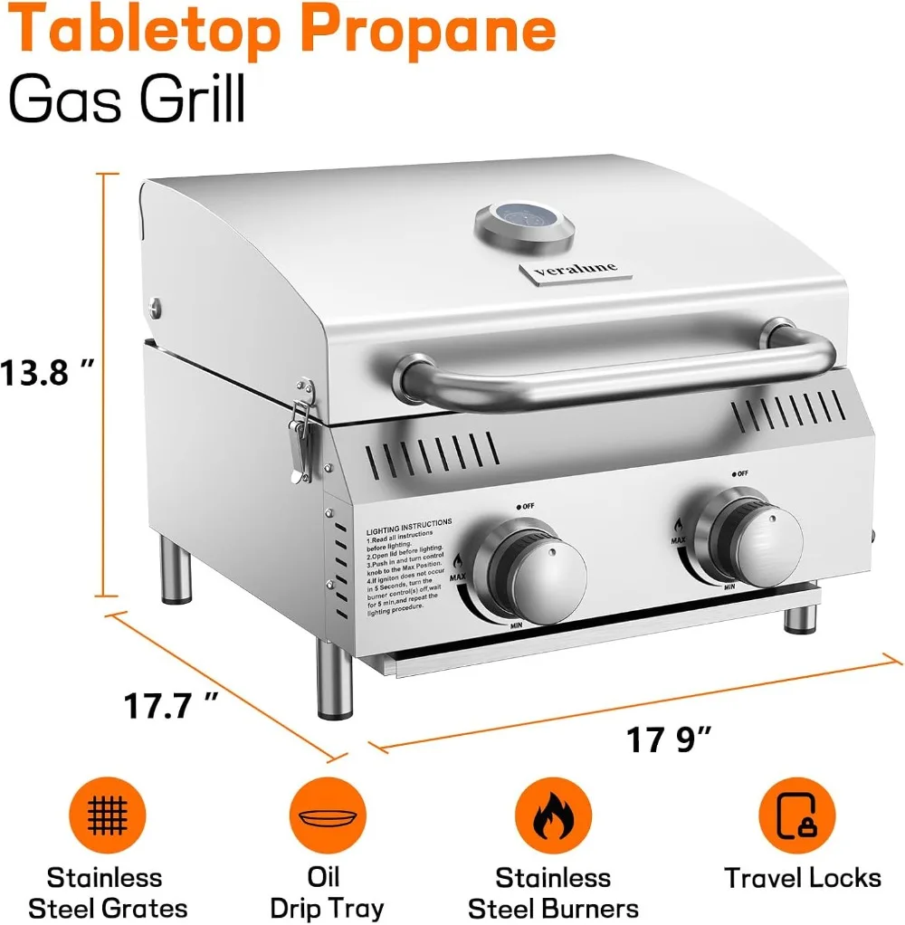 2-Burner Tabletop Gas Grill, 22000 BTU Stainless Steel Portable BBQ for Camping, Patio, Tailgating